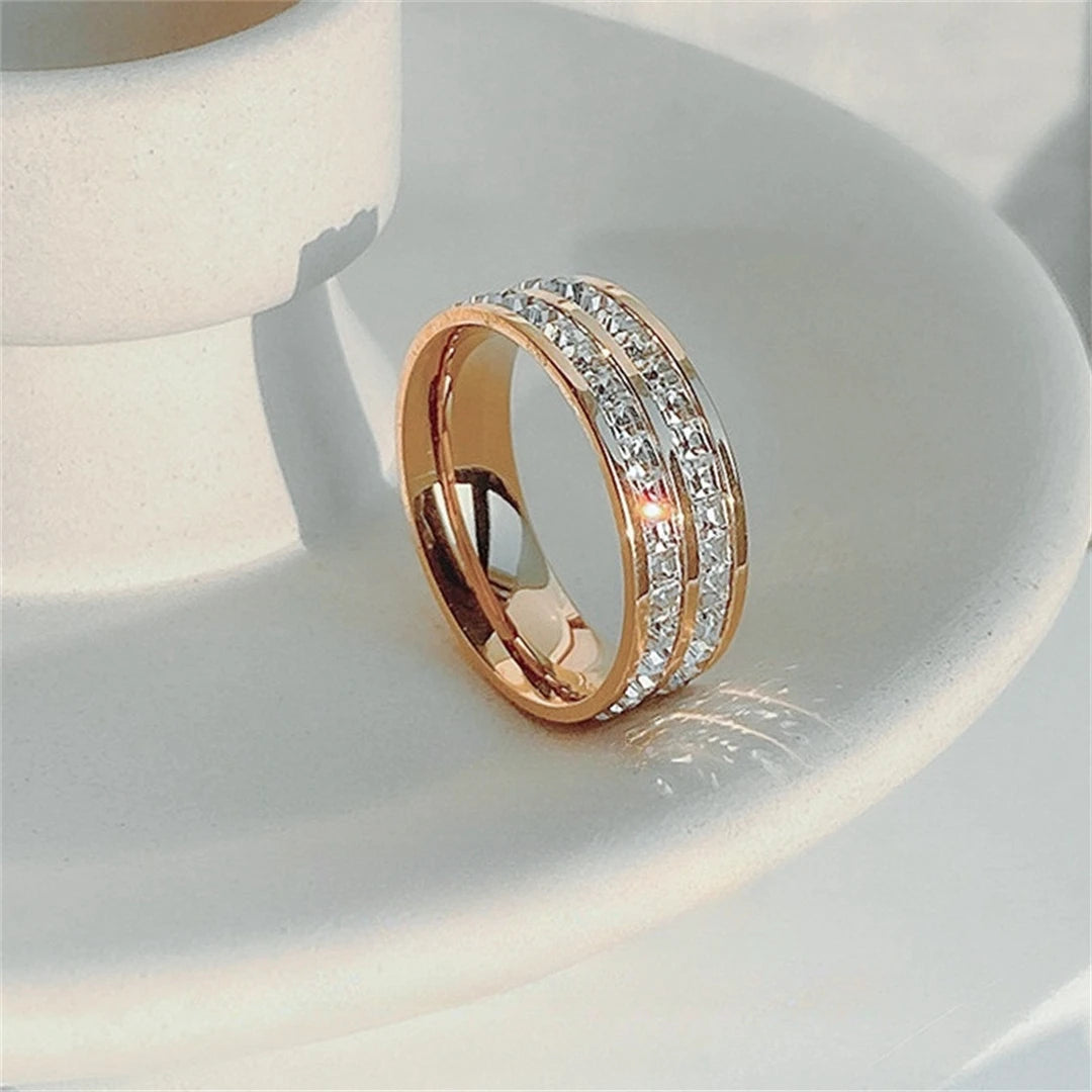 Luxury Rose Gold Double Rowed Square Zircon Stainless Steel Ring Women's Romantic Engagement Wedding Party Jewelry Women Gift