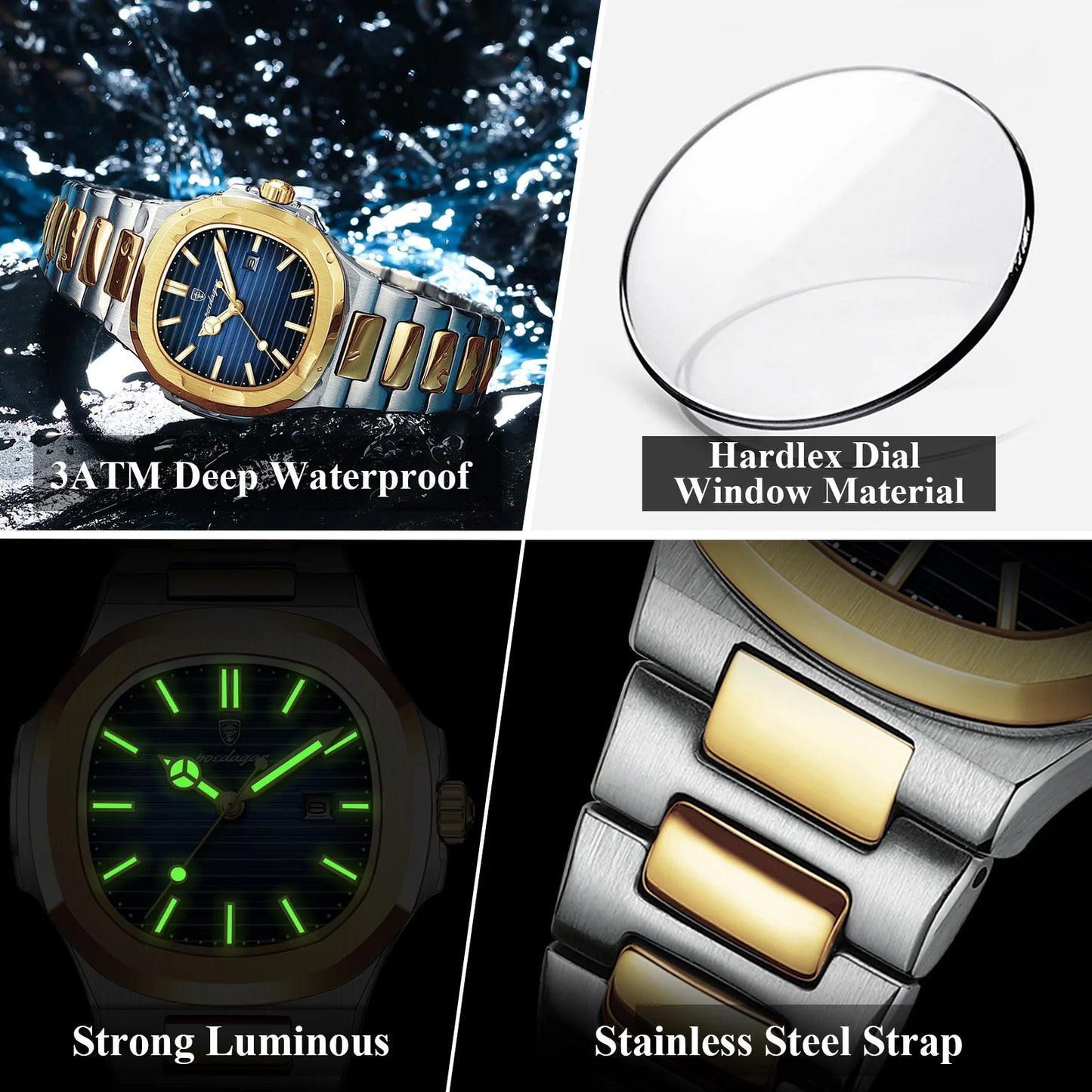 POEDAGAR Luxury Square Watch for Woman Waterproof Luminous Date Ladies Watch Stainless Steel Quartz Women's Watches Female Reloj