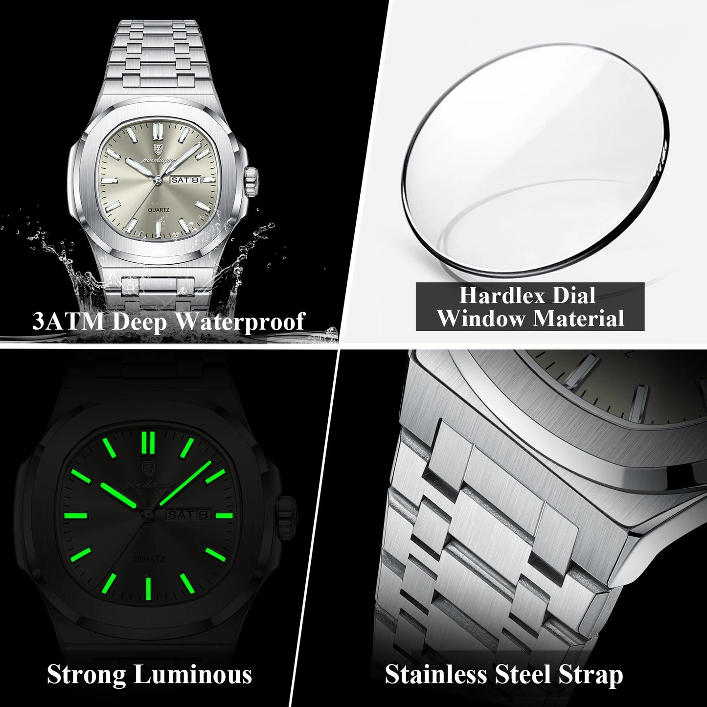 POEDAGAR Luxury Military Man Watch Square Waterproof Luminous Date Week Men Watch Stainless Steel Quartz Men's Watches Reloj+box